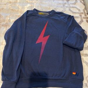 Aviator Nation Navy Crew Neck with hot pink lightening bolt.
